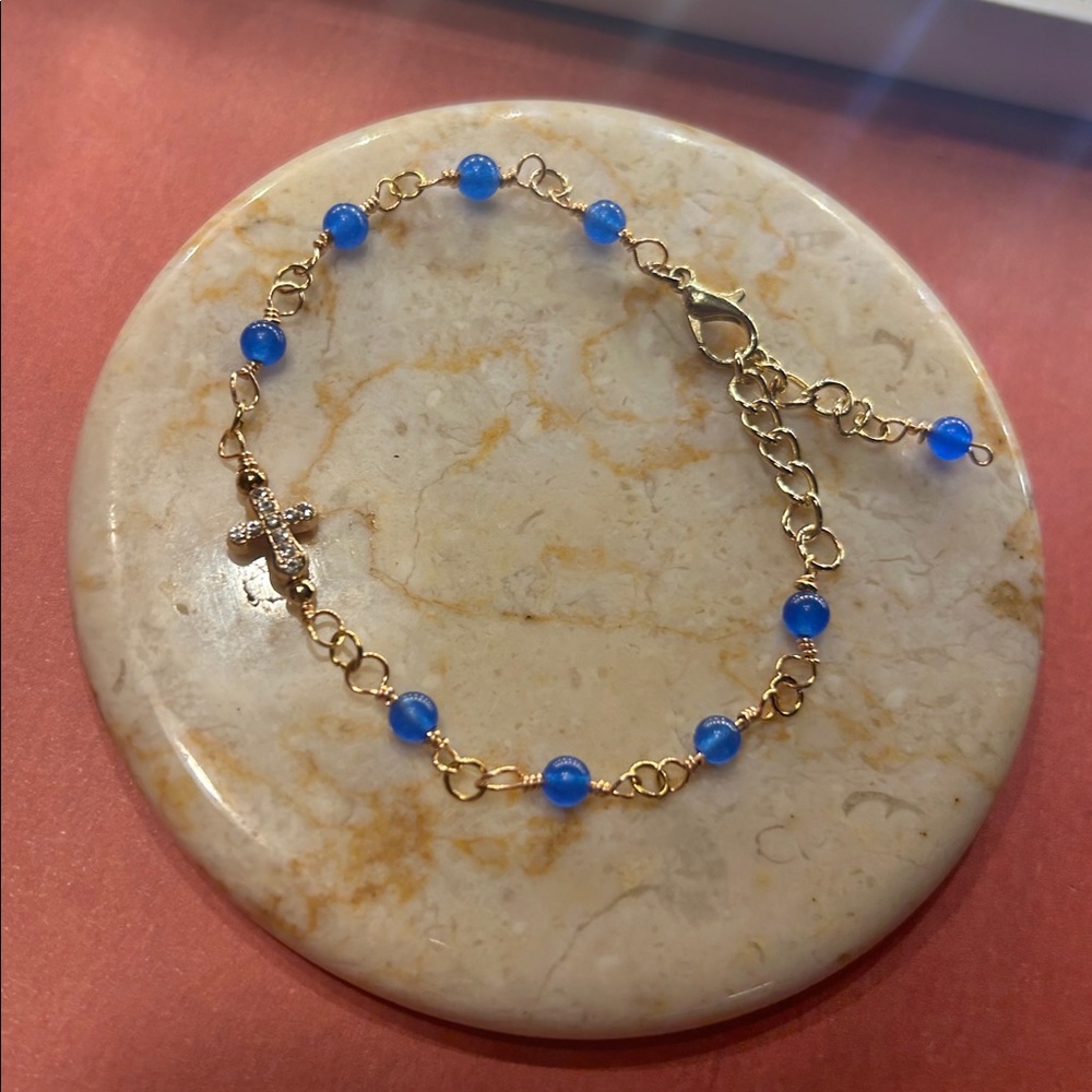 Artisan Gold and Deep Blue Jade Pave Cross Beaded Bracelet